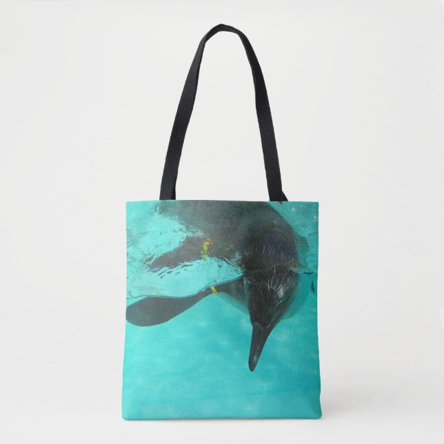 Two different penguins on blue tote bag (Front)