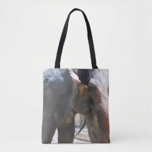 Two different photos of Elephants on tote bag
