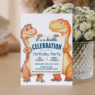 Two Dinosaurs Holding Sign Double Birthday Party Invitation