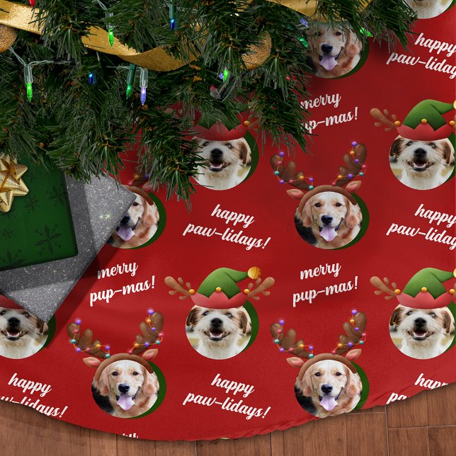 Two Dog Photo Elf & Reindeer Antler Hat Christmas Brushed Polyester Tree Skirt (Creator Uploaded)
