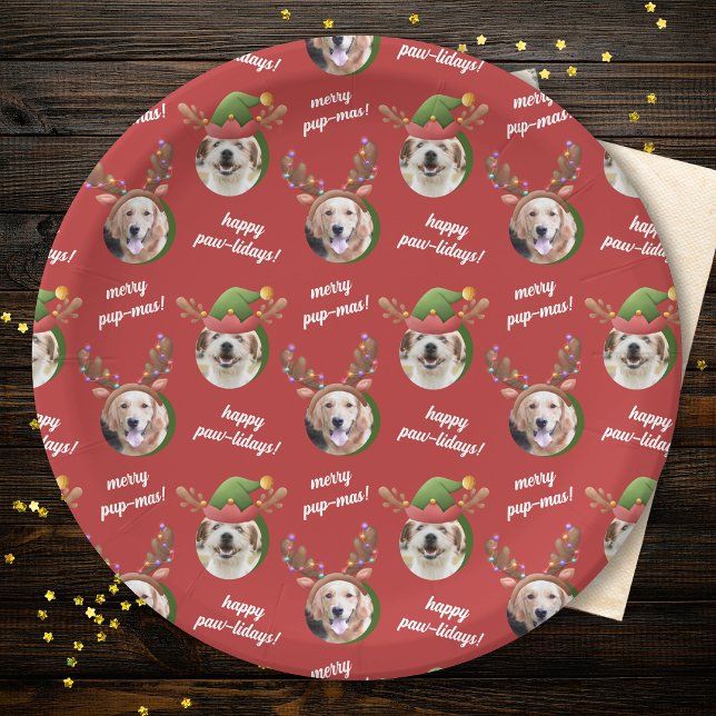 Two Dog Photo Elf & Reindeer Antler Hat Christmas Paper Plate (Creator Uploaded)