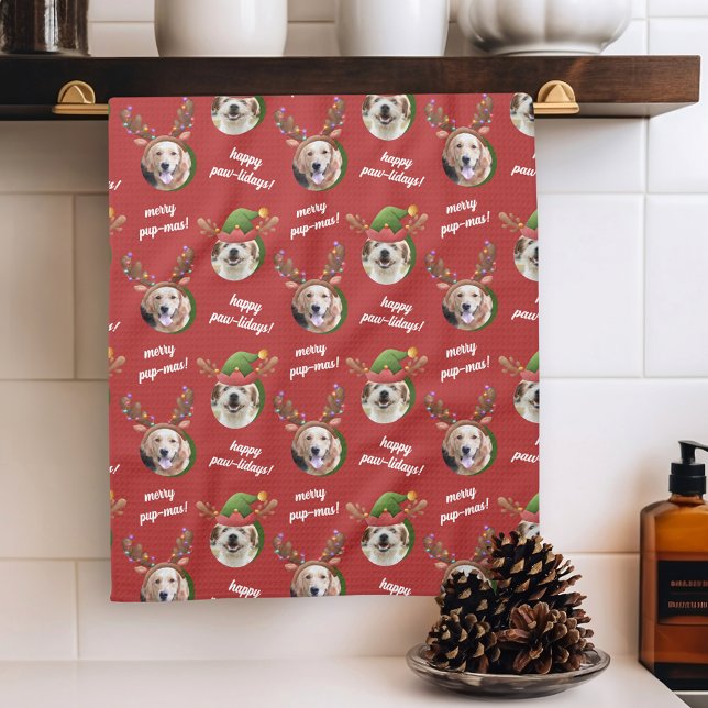 Two Dog Photo Elf & Reindeer Antler Hat Christmas Tea Towel (Creator Uploaded)