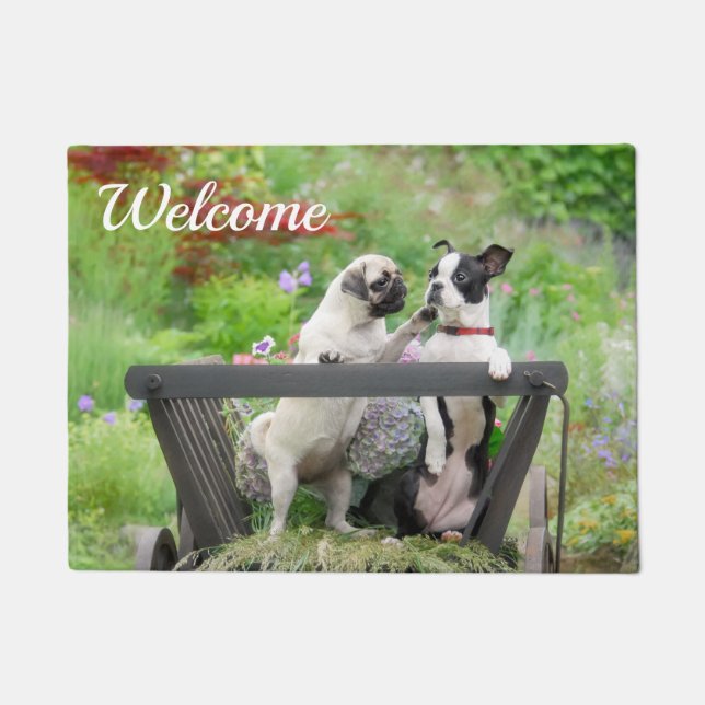 Two dogs a pug puppy and Boston Terrier in a cart Doormat (Front)
