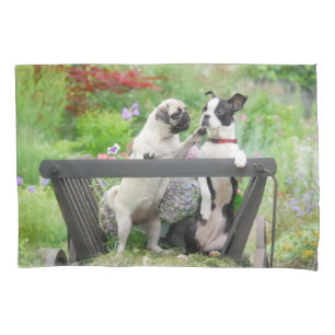 Two dogs a pug puppy and Boston Terrier in a cart Pillowcase