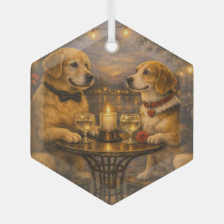 Two Dogs on a Cosy Date • Glass Hexagon Ornament