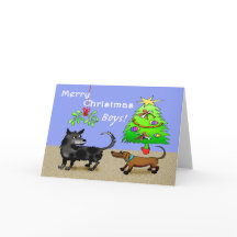 Two dogs sniffing backsides, with christmas tree.