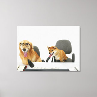 Two dogs wearing tie and glasses ,sitting on 2 canvas print