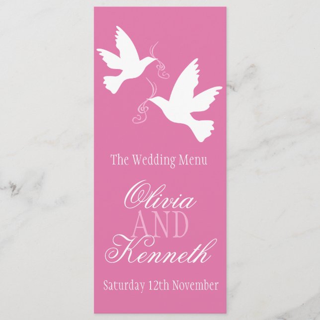 Two doves pink & white wedding dinner menu (Front)