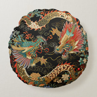 Two Dragons in a Flower Garden Round Pillow