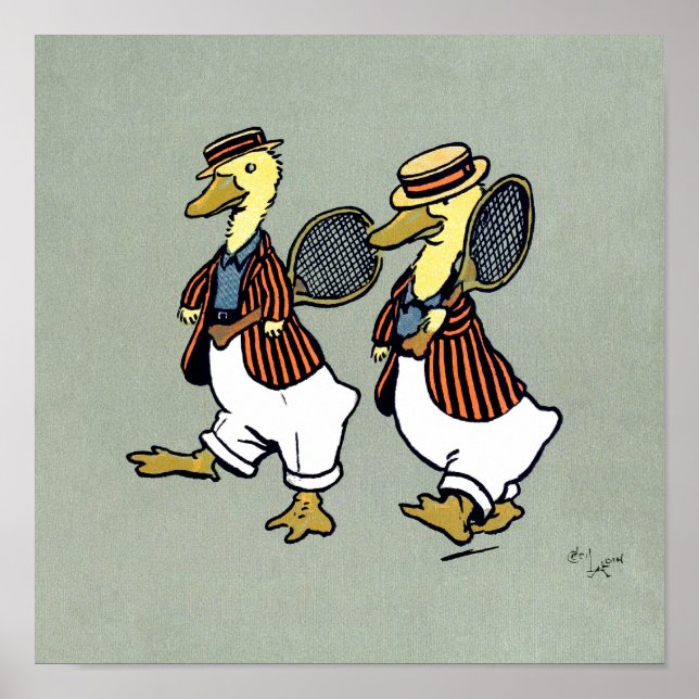Two ducks with striped jackets and tennis rackets poster (Front)