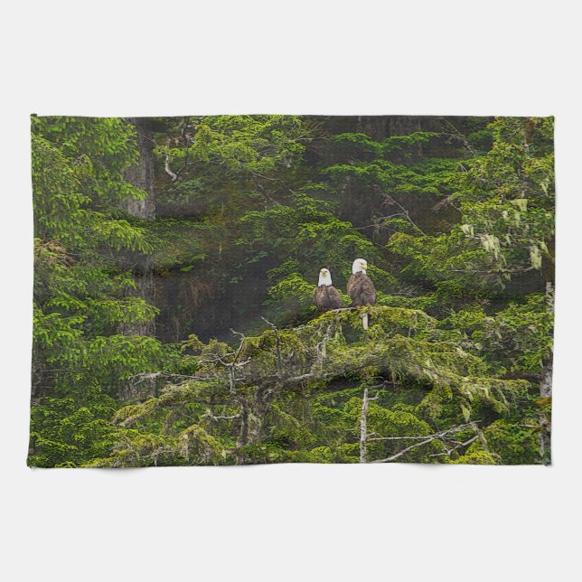 Two Eagles Perched Painterly Tea Towel (Horizontal)