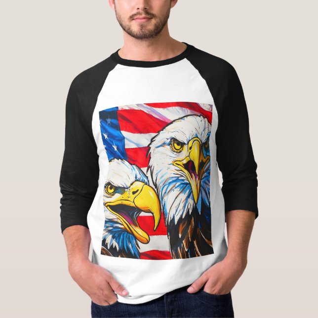 Two Eagles Talking - US Flag and Bald Eagles T-Shirt (Front)