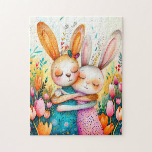 Two Easter Bunnies in Tulip Field Jigsaw Puzzle