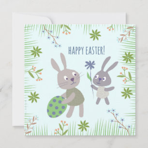 Two Easter bunnies with egg and flower. Card