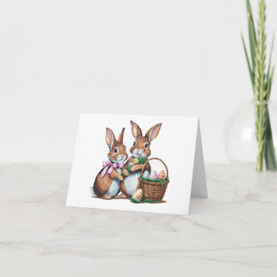 Two Easter Bunny Rabbits w Basket and Eggs BLANK Card