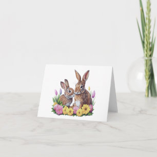 Two Easter Bunny Rabbits with Flowers BLANK Card