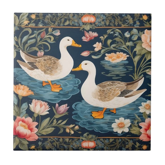 Two Elegant Ducks William Morris Inspired Tile (Front)