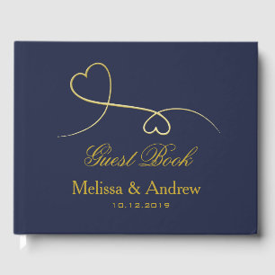 Two Elegant Gold Hearts Navy Blue Wedding Guest Book