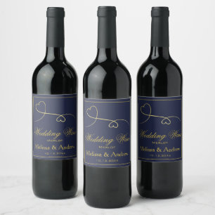 Two Elegant Gold Hearts Navy Blue Wedding Wine - Label
