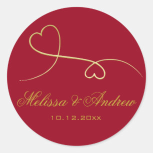 Two Elegant Gold Hearts   Personalised Red Wedding Classic Round Sticker