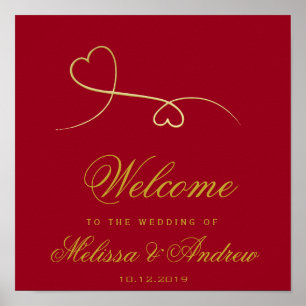 Two Elegant Gold Hearts   Red Wedding Welcome Poster