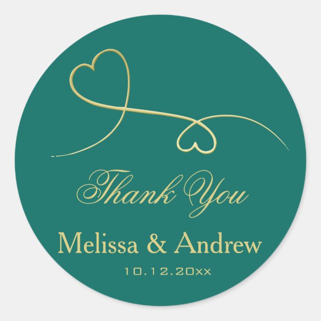 Two Elegant Gold Hearts | Teal Wedding 'Thank You' Classic Round Sticker (Front)