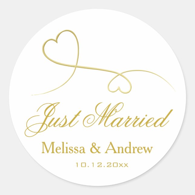 Two Elegant Gold Hearts | Wedding 'Just Married'  Classic Round Sticker (Front)