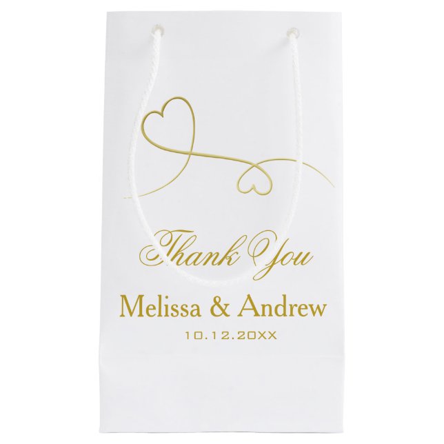 Two Elegant Gold Hearts | Wedding 'Thank You' Small Gift Bag (Front)