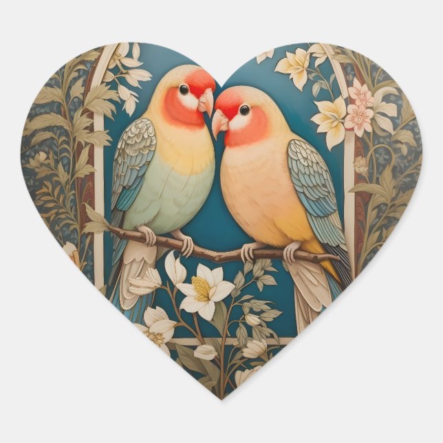 Two Elegant Lovebirds Vintage Floral Heart Sticker (Front)