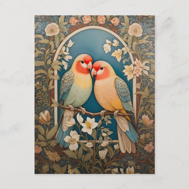 Two Elegant Lovebirds Vintage Floral Postcard (Front)