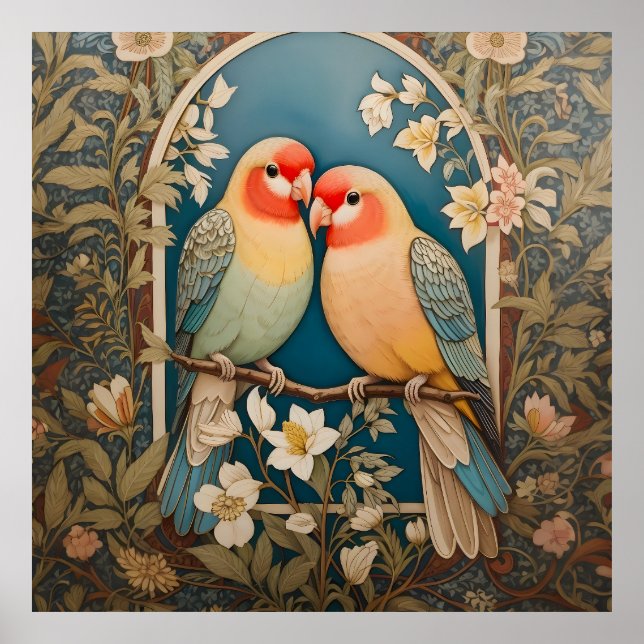 Two Elegant Lovebirds Vintage Floral Poster (Front)