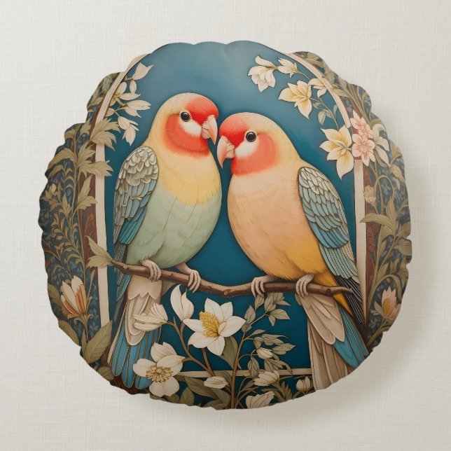 Two Elegant Lovebirds Vintage Floral Round Cushion (Front)