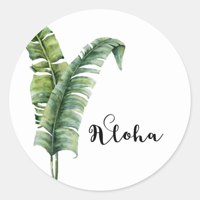 Two Elegant Palm Leaves Tropical Aloha Wedding Classic Round Sticker (Front)