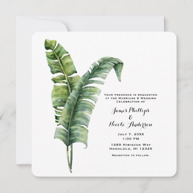 Two Elegant Palm Leaves Tropical Simple Wedding Invitation (Front)