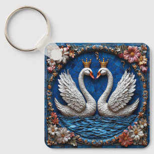 Two Elegant Swans With Crowns Key Ring