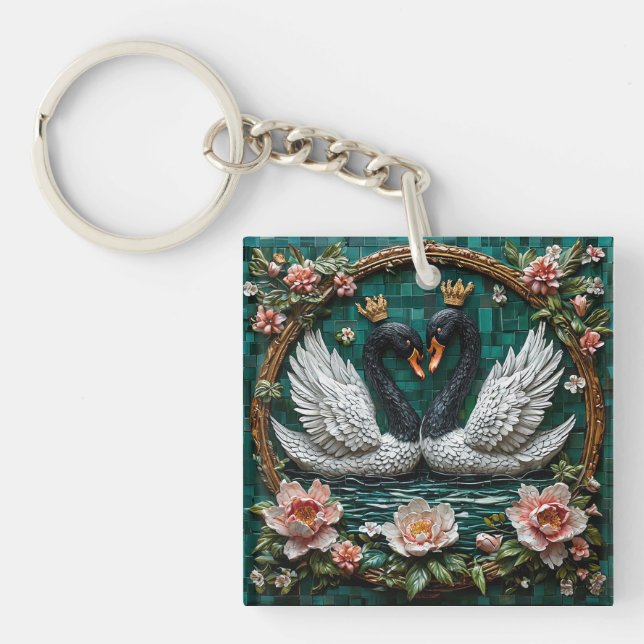 Two Elegant Swans With Crowns Key Ring (Front)