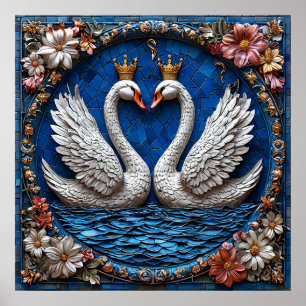 Two Elegant Swans With Crowns Poster