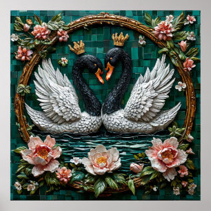 Two Elegant Swans With Crowns Poster