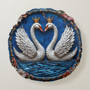 Two Elegant Swans With Crowns Round Cushion