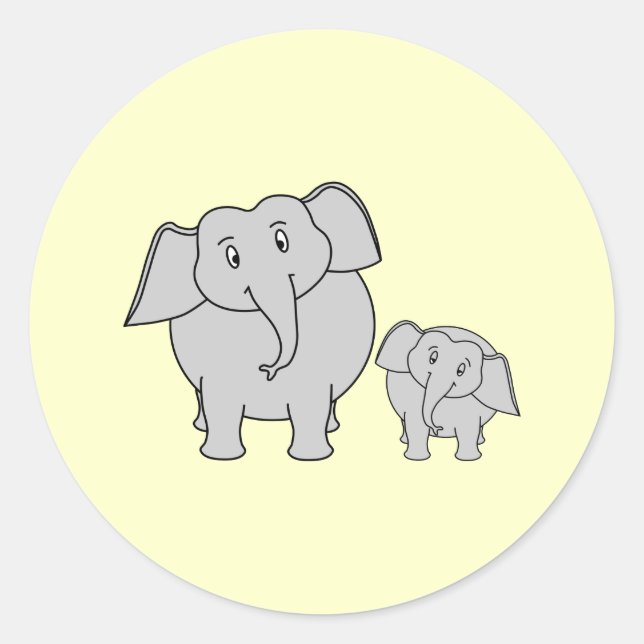 Two Elephants. Cute Adult and Baby Cartoon. Classic Round Sticker (Front)