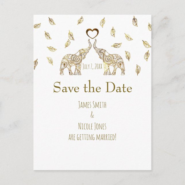 Two Elephants Gold Fall Wedding Save The Date Announcement Postcard (Front)