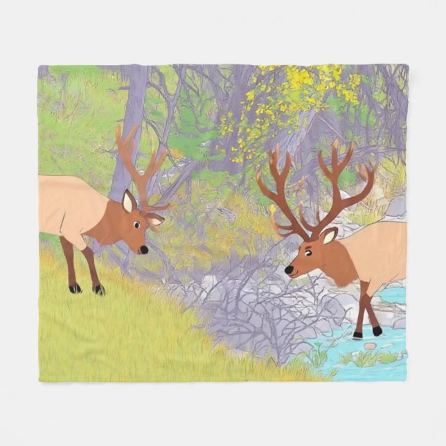 Two Elks in Autumn River Forest Fleece Blanket (Front (Horizontal))