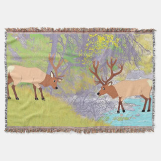 Two Elks in Autumn River Forest Throw Blanket
