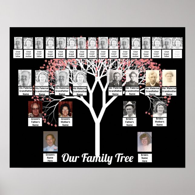 Two Families Black Fractal Tree Photo Name Poster (Front)