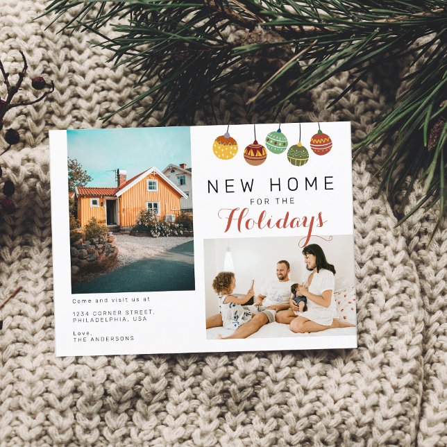 Two Family Photo Christmas Balls New Home Moving Announcement Postcard (Creator Uploaded)