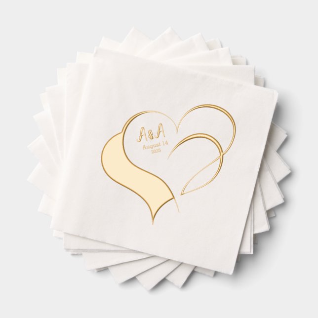 Two Fancy Gold Foil Hearts Wedding Monogramed Foil Napkins (Insitu (Stacked))