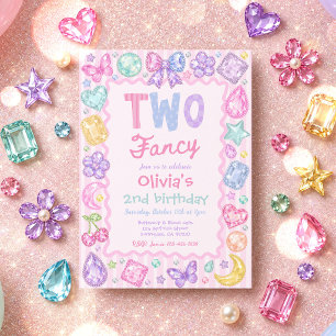 Two Fancy Whimsical Gemstone Jewel 2nd Birthday Invitation