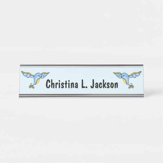 Two Fantasy Flying Bluebirds Yellow Scrolled Tails Desk Name Plate (Front)