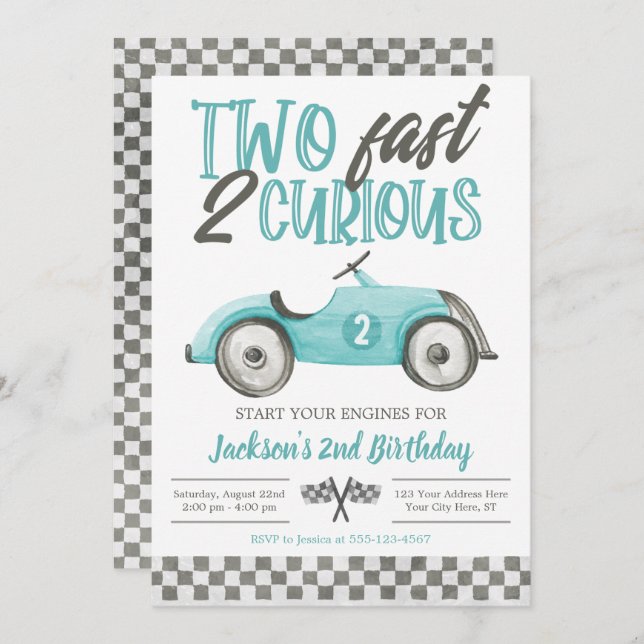 Two Fast 2 Curious Birthday Invitation, Boy Racing Invitation (Front/Back)