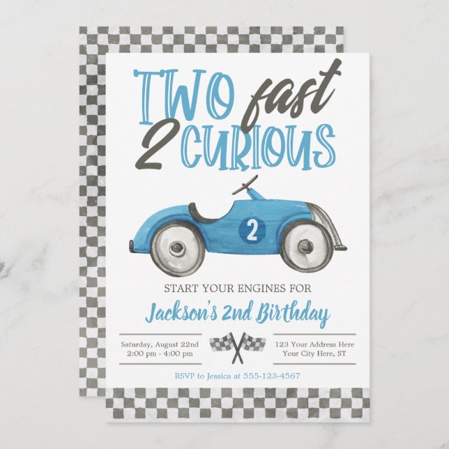 Two Fast 2 Curious Birthday Invitation, Boy Racing Invitation (Front/Back)